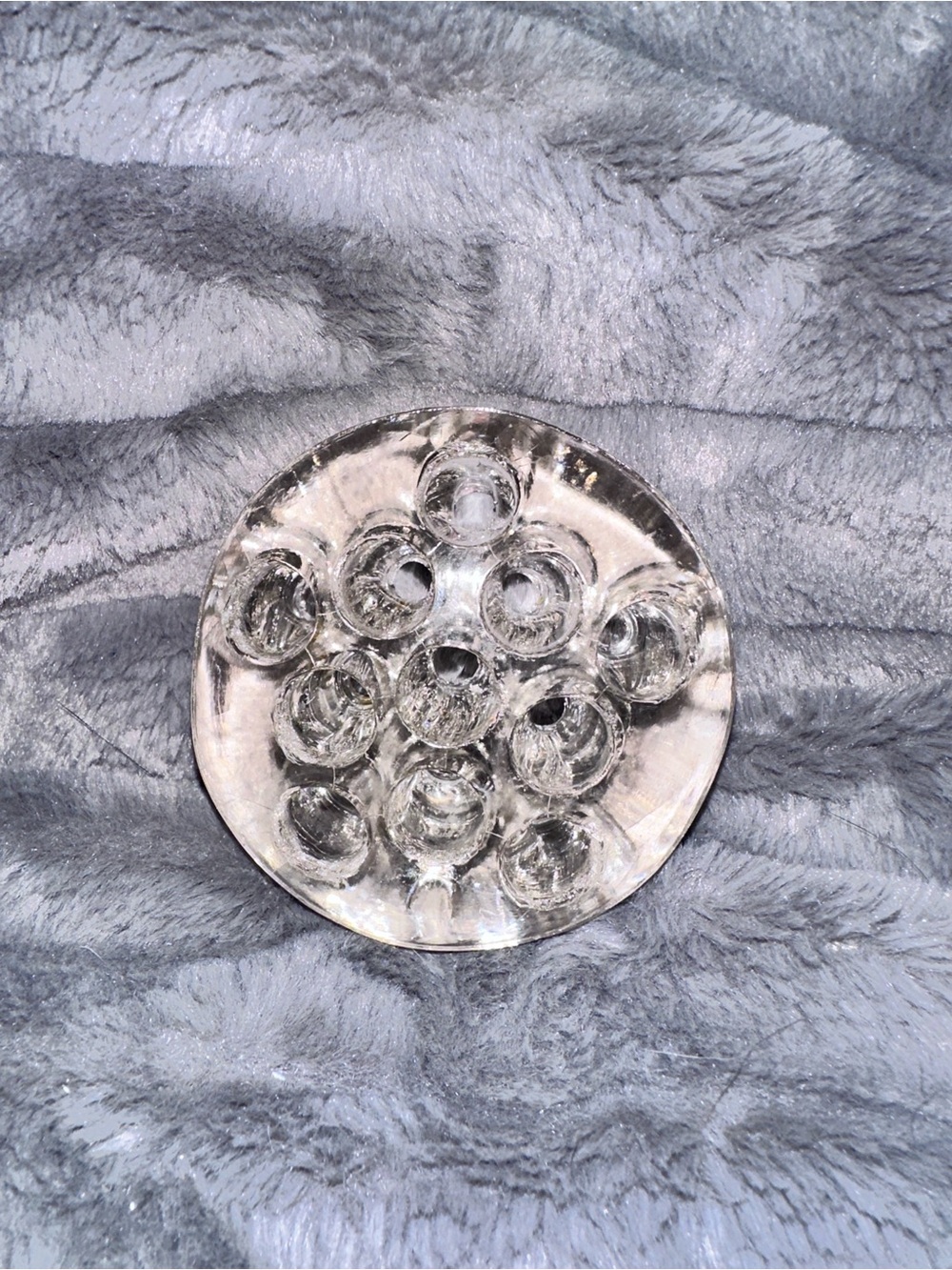 VINTAGE FLOWER FROG STEM HOLDER CLEAR GLASS 11 HOLES FLORAL FROG 3” ROUND EUC